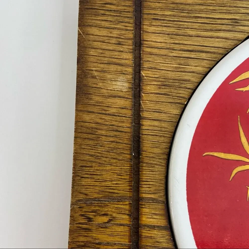 Fred Press | MCM Red & Gold Bamboo Ceramic Inlay Cheese Board Serving Tray